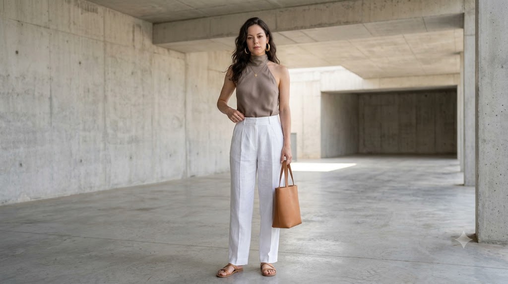 Taupe Silk Halter Top & White Trousers